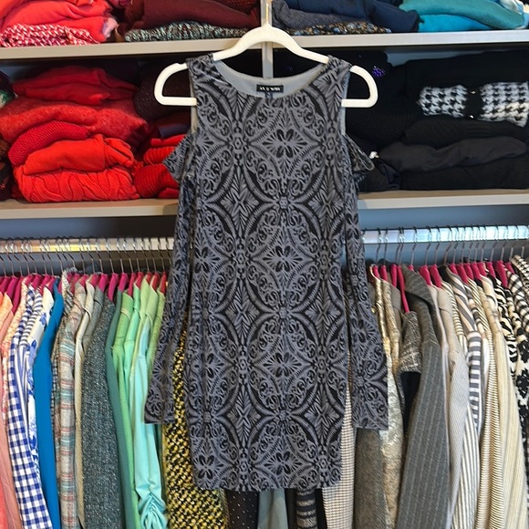 As U Wish blue/navy print off the shoulder long sleeve burn out dress size S - Picture 1 of 3
